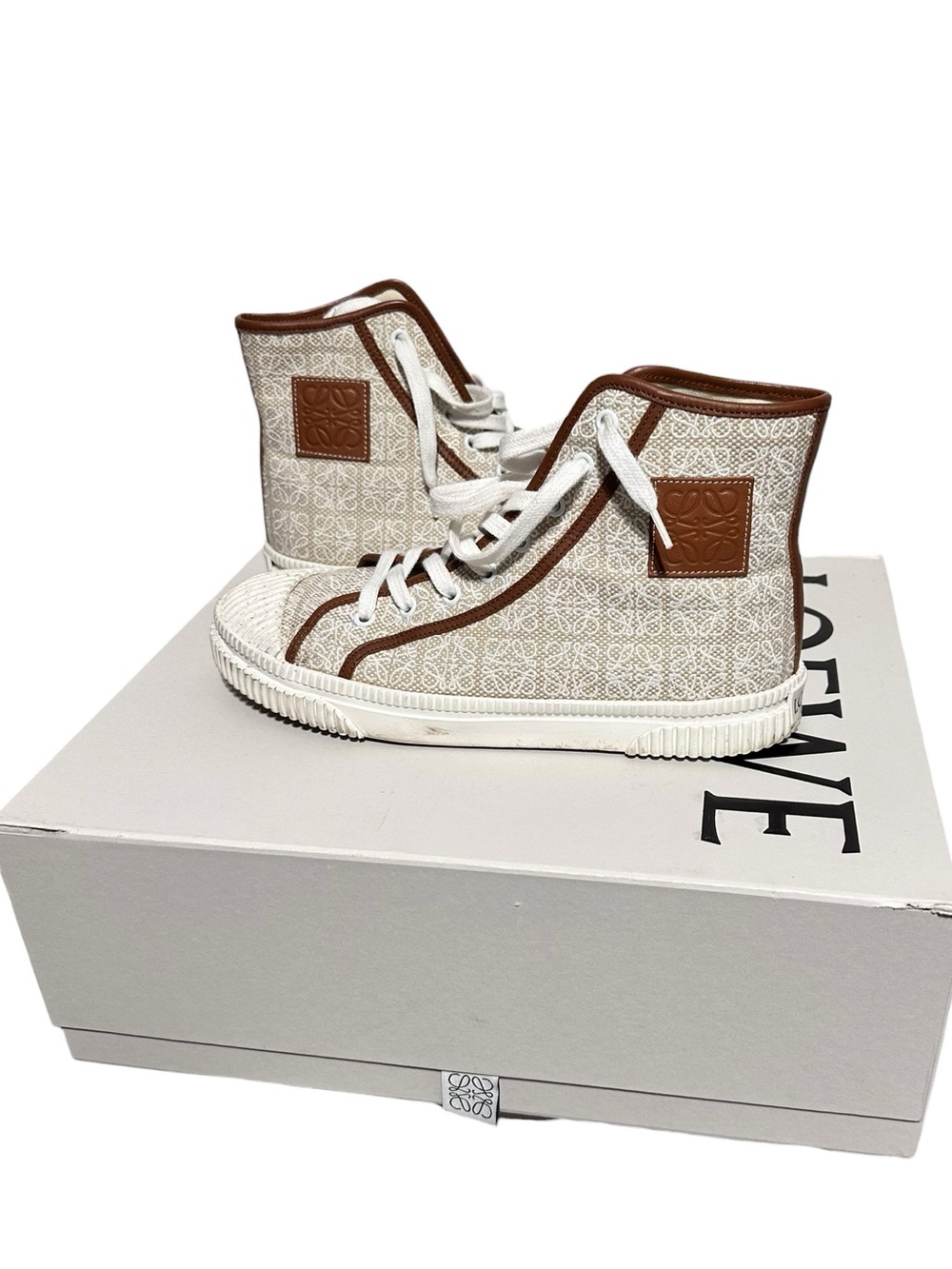 Loewe logo High-Top Sneakers in Cream & Brown 40 9.5 full set